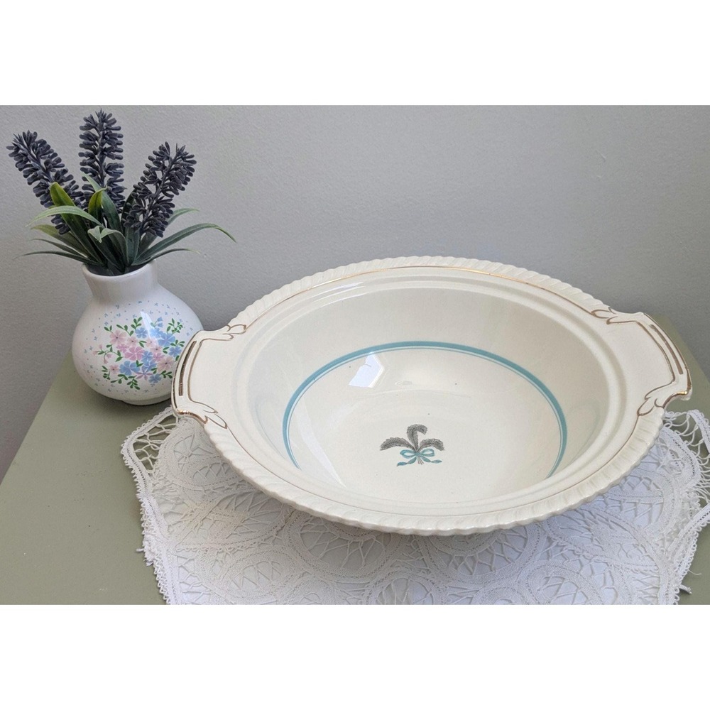 Johnson Bros Serving Bowl Large 11" Vintage Blue White Gold Rim Handled Bowl